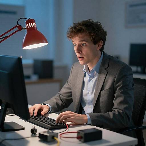 Surprised Man at Cluttered Desk