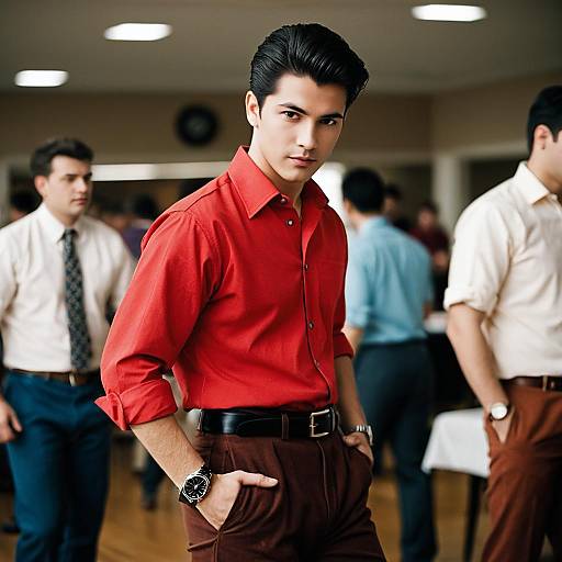 Man in Red Shirt at Indoor Event