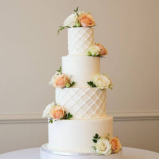 Photograph of a three-tiered white wedding cake with diamond pattern, adorned with peach and white roses, set against a plain beige wall.