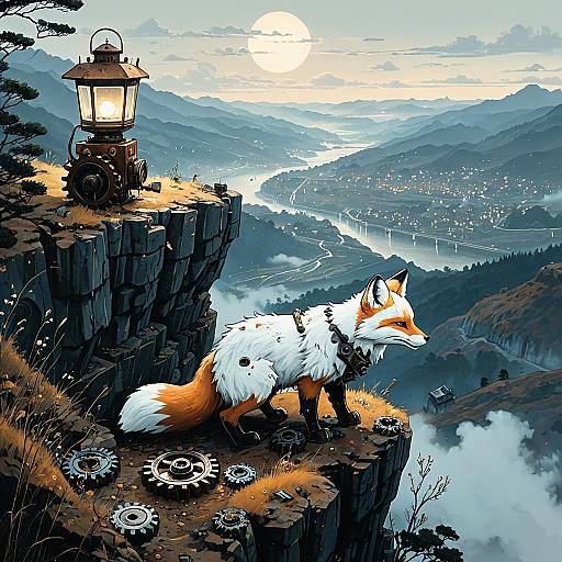 Mechanical Fox on Foggy Cliff