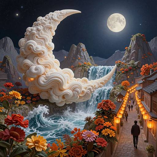 Digital fantasy artwork: Crescent moon cloud floats over vibrant waterfall village, illuminated by lanterns, with colorful flowers and silhouetted figures. Full moon