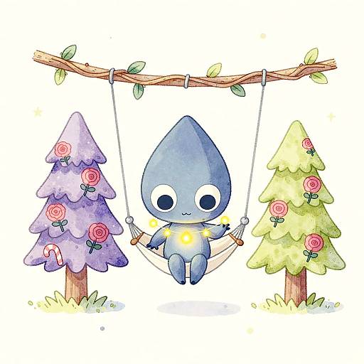 Whimsical Alien on Swing Between Candy-Cane Trees