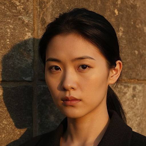 Photograph of an Asian woman with smooth, light skin, black hair in a ponytail, wearing a dark top, standing against a textured, sun