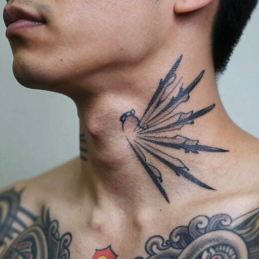 Close-up photograph of a man's neck and shoulder showing a black tribal-style tattoo of a bird with outstretched wings. Additional black and red tattoos