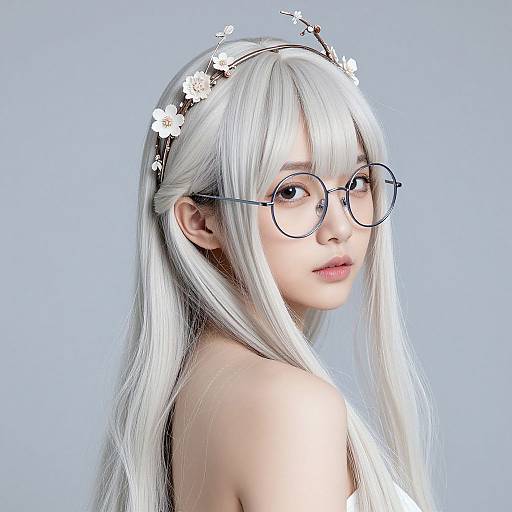 Photorealistic digital artwork of an East Asian woman with long white hair, round glasses, floral headband, and bare shoulders, looking over her shoulder