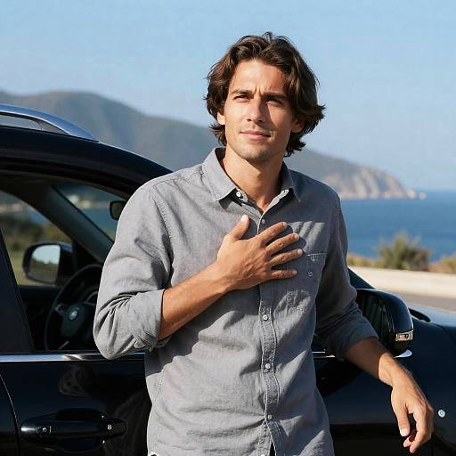 Casual Man by Black Car in Nature