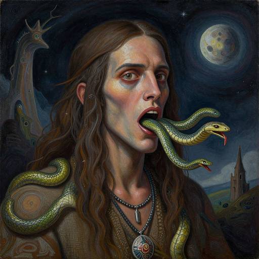 Digital painting of a pale, long-haired man with a snake in his mouth, moonlit night sky, fantasy creature in background, medieval castle.
