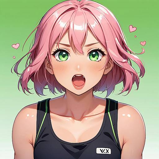 Anime-style digital drawing of a surprised pink-haired girl with green eyes, wearing a black tank top, against a green gradient background with small pink hearts.
