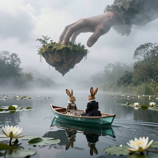 Digital art: Two rabbits in a boat, one in a suit, the other in a dress, watch as a giant hand lowers a floating island over