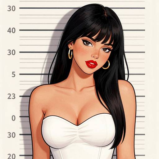 Digital artwork of a sexy woman with long black hair, red lipstick, white strapless dress, and gold hoop earrings, against a height chart background.