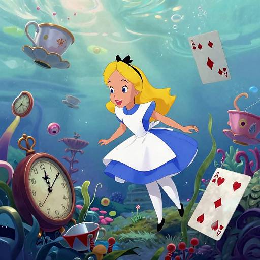 Digital illustration of Alice in Wonderland underwater, floating with playing cards, teacups, clock, and teapot in a colorful, whimsical sea.