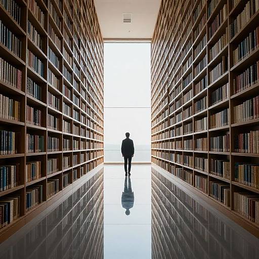Photograph of a person silhouetted against bright light, standing in the center of a long, narrow library aisle with mirrored floors, flanked