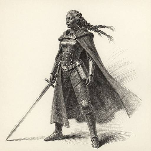 Black-and-white pencil drawing of a muscular, armored woman with long braided hair, holding a sword, wearing a flowing cape, standing confidently.