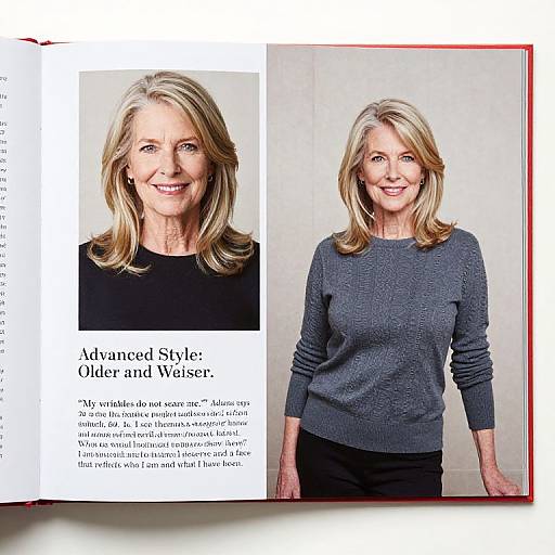 Photograph of older white woman with blonde hair, smiling, wearing gray sweater, black pants, against white background, text overlay on left.
