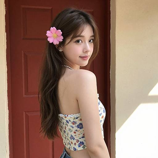 Photograph of a young Asian woman with long black hair, wearing a floral strapless top and a pink flower in her hair, standing in front of