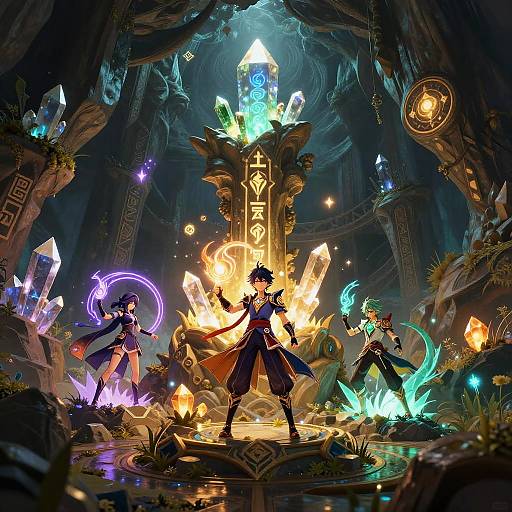 Digital fantasy artwork of four magical, colorful characters with glowing crystals and elemental powers in a dark, mystical cave. Central figure stands confidently, surrounded by vibrant