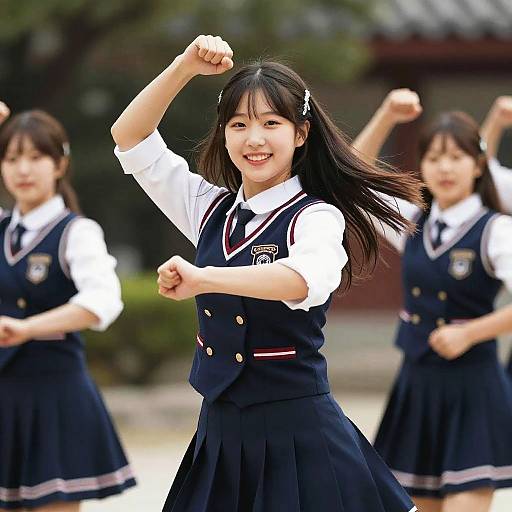 Smiling Korean Schoolgirl Dancing Outdoors