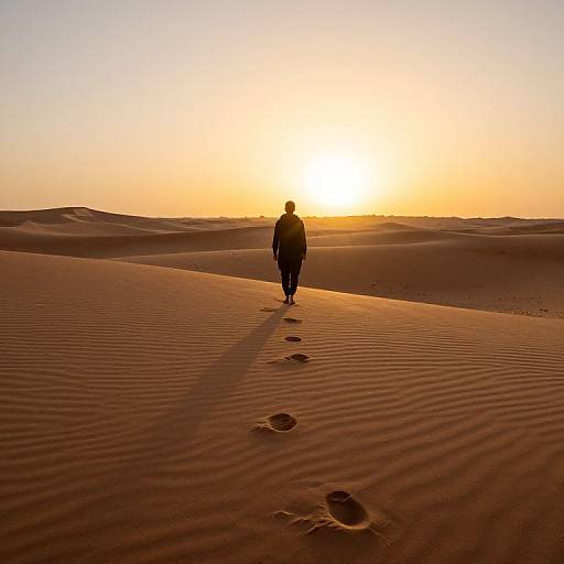 Photograph of a solitary person walking in a vast, rippled desert at sunset, casting long shadows and leaving footprints in the sand.