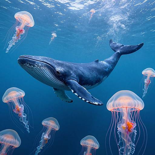 Surreal Blue Whale and Jellyfish Scene