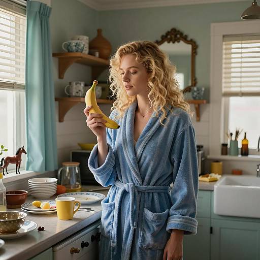 Blonde Woman in a Cluttered Kitchen