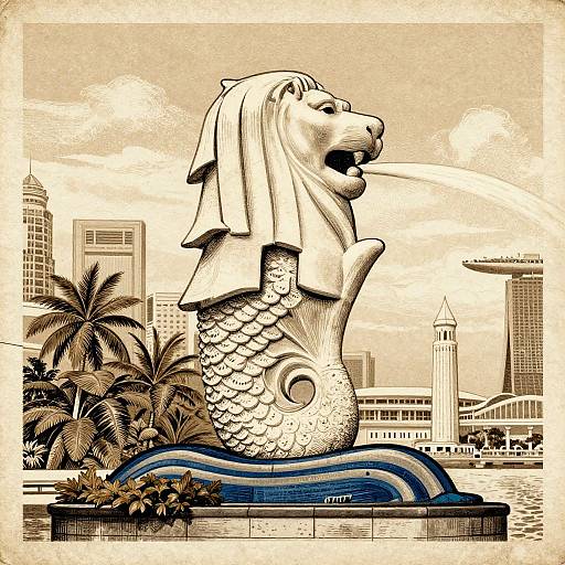 Ink-style drawing of Singapore's Merlion statue with a towel on its head, surrounded by palm trees and modern cityscape.
