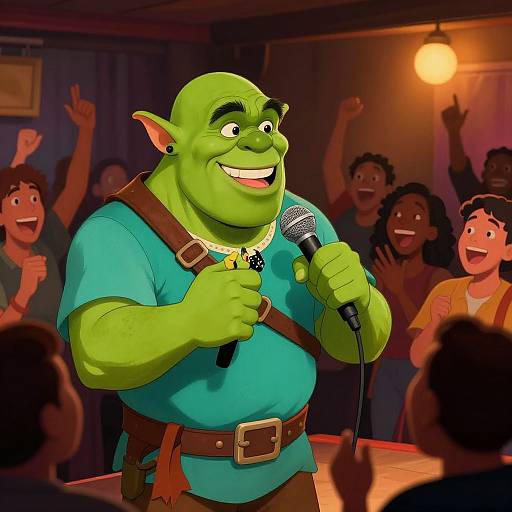 Vibrant cartoon image of a smiling, green-skinned, muscular orc in a teal shirt and brown belt, holding a microphone, performing for a