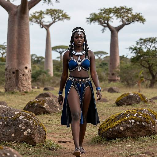 Photograph of a dark-skinned African woman in a blue beaded bikini top and skirt, adorned with jewelry, walking through a savanna with tall