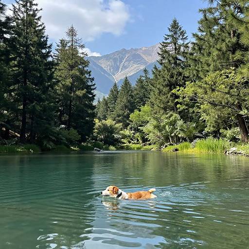 Photograph of a brown and white dog swimming in a clear, tranquil forest lake with tall pine trees and mountains in the background.