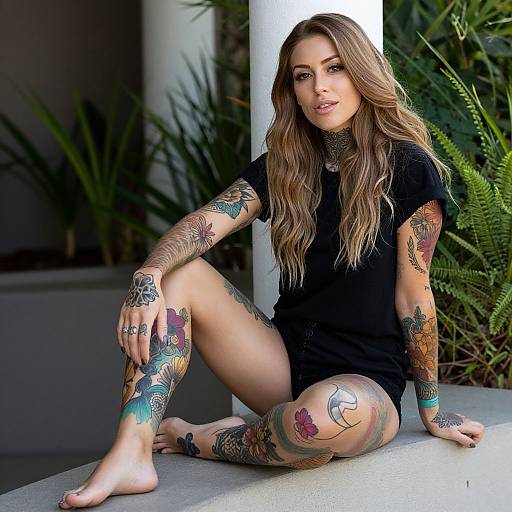 Tattooed Woman Sitting on Ledge
