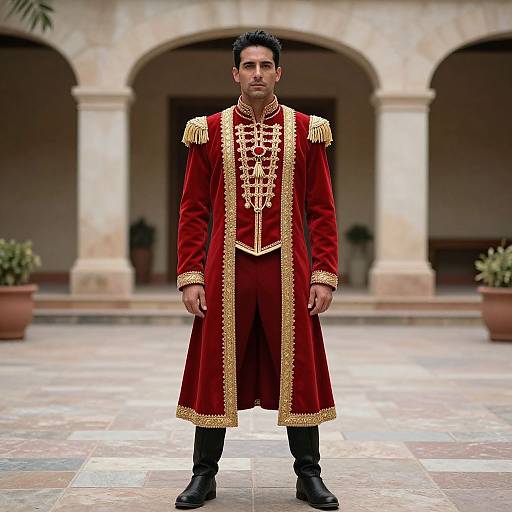 Photograph of a man with dark hair and beard, wearing a red and gold embroidered long coat, black pants, and boots, standing in a tiled