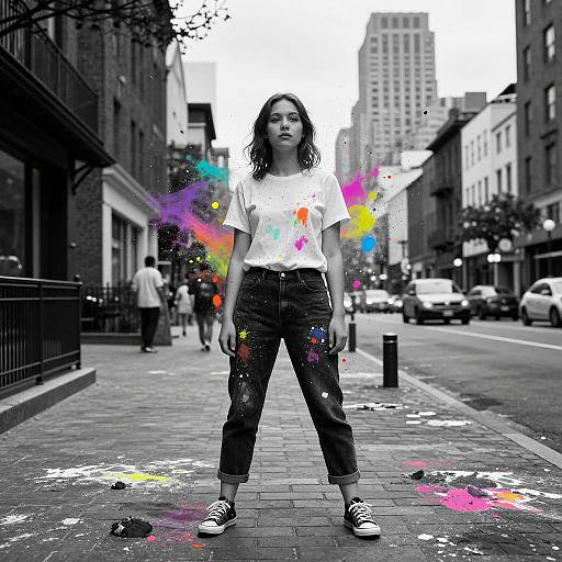 Urban street photograph of a young woman in white t-shirt and dark pants, splattered with colorful paint, standing on a graffiti-splashed sidewalk,
