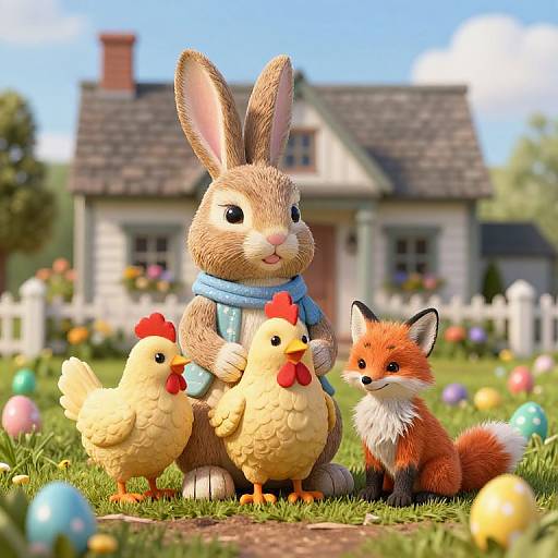Digital illustration of a cute brown bunny with blue scarf, holding two yellow chicks, and standing beside a small red fox, surrounded by colorful Easter eggs in