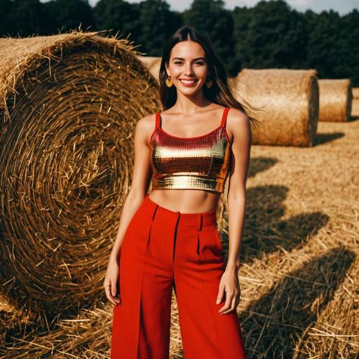 Confident Woman in Red Outfit by Hay Bales