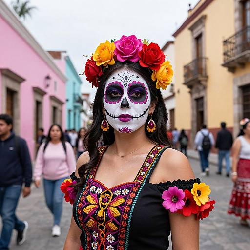 Photograph of a woman with white sugar skull face paint, floral headband, colorful embroidered dress, standing in a vibrant, cobblestone street.