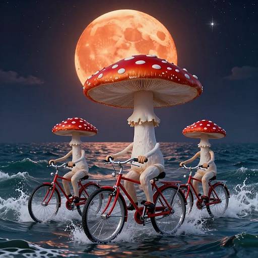 Sentient Mushrooms Biking Above Ocean