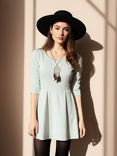 Bohemian Woman in Light Blue Dress and Black Hat