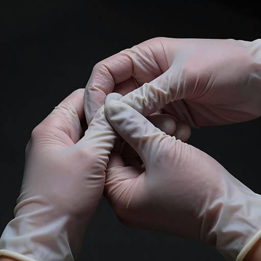 Photograph of two gloved hands gently holding and inspecting a small object against a dark background, highlighting the texture of latex gloves and the delicate task