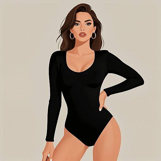 Digital illustration of a confident woman with long brown hair, wearing a black long-sleeve leotard, large hoop earrings, and red lipstick,
