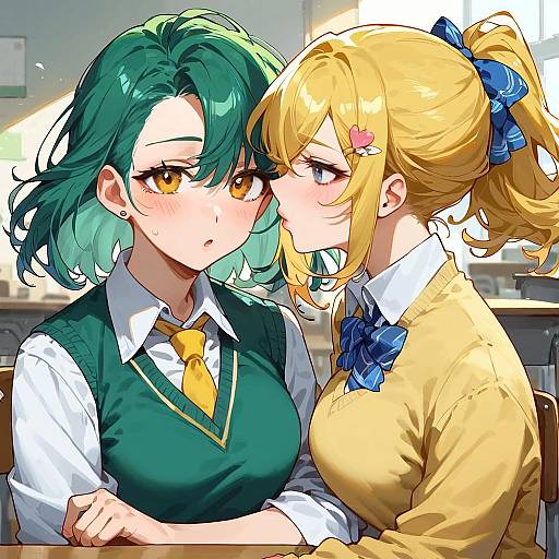 Anime Two Girls in School Uniforms in Classroom