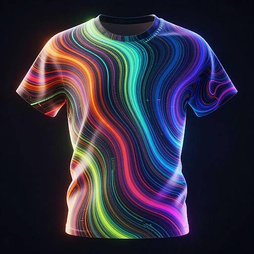 Neon, rainbow-waved, short-sleeve T-shirt on black background. Vivid, glowing colors in waves of pink, green, blue