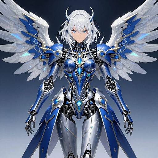Digital anime-style illustration of a white-haired, blue-eyed angelic warrior with blue and white metallic armor, large white wings, and blue glowing accents,