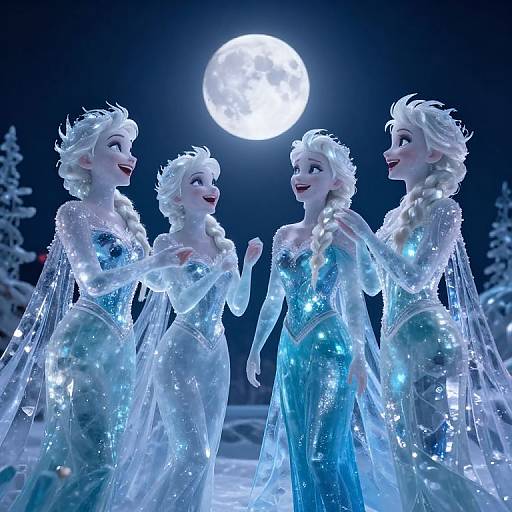 Photograph of four animated, glowing, white-haired, blue-sequined, Elsa-like sisters dancing under a full moon, surrounded by snow-covered trees