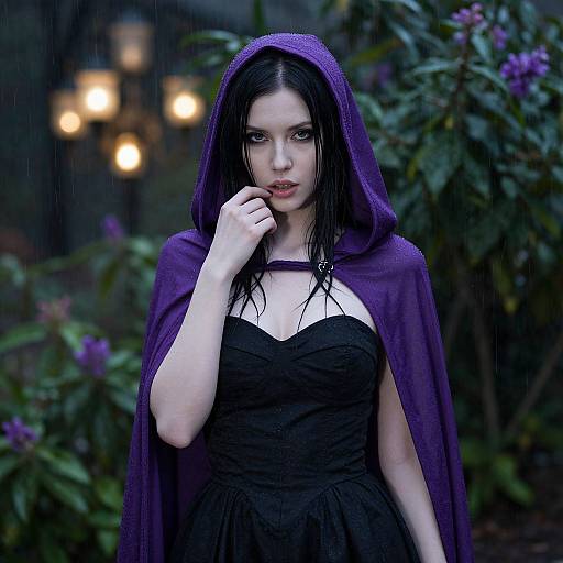 Photograph of a pale, dark-haired woman with wet hair, wearing a purple hooded cloak and black strapless dress, standing in a rainy garden