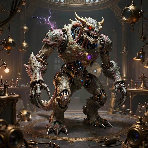 CGI digital art of a monstrous, metallic, horned creature with glowing red eyes and purple lightning, standing in a dimly lit, steamp