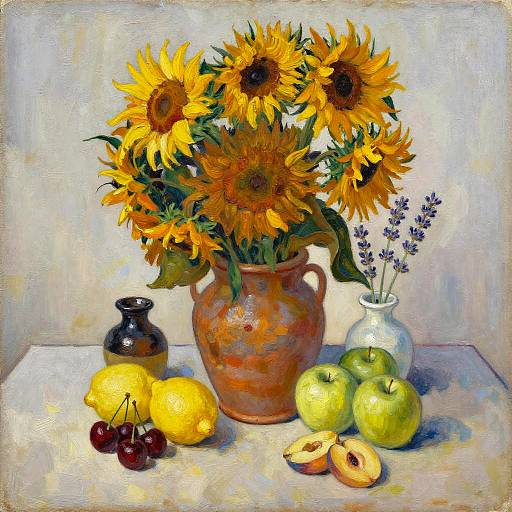 Post-Impressionist Still Life with Sunflowers and Fruit