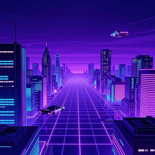 Neon-lit futuristic cityscape in vibrant purple and blue hues, featuring towering skyscrapers, grid-patterned streets, flying car, and hovering