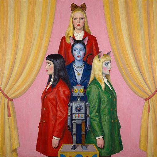 Digital painting of four women with cat ears, wearing red and green jackets, standing behind a robot, framed by yellow curtains.