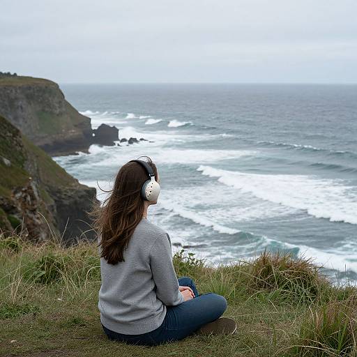 Photograph of a woman with white headphones, grey sweater, and blue jeans, sitting on grassy cliff, facing ocean waves.