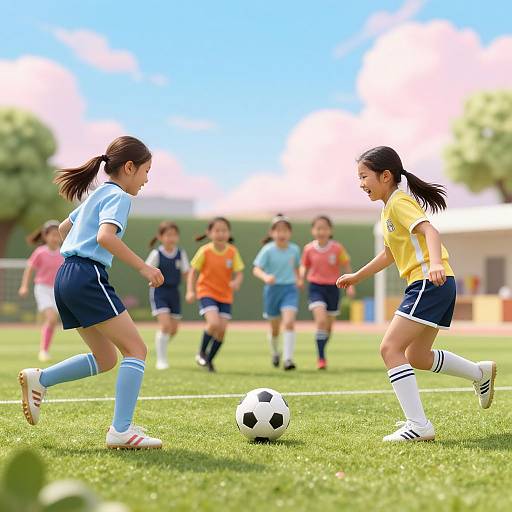 Photograph of two young girls in soccer uniforms, blue and yellow, chasing a ball on a sunny green field with other players in the background.