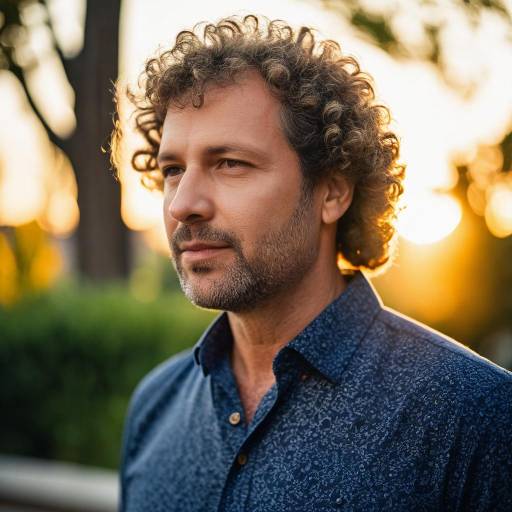 Thoughtful middle-aged man with curly hair at sunset
